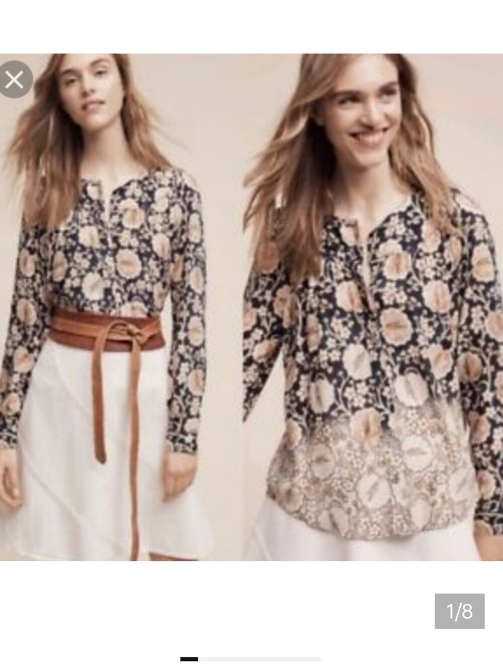 Anthropologie Maeve Floral Mixed-Print Long-Sleeve Blouse - Black & Beige Sz XS